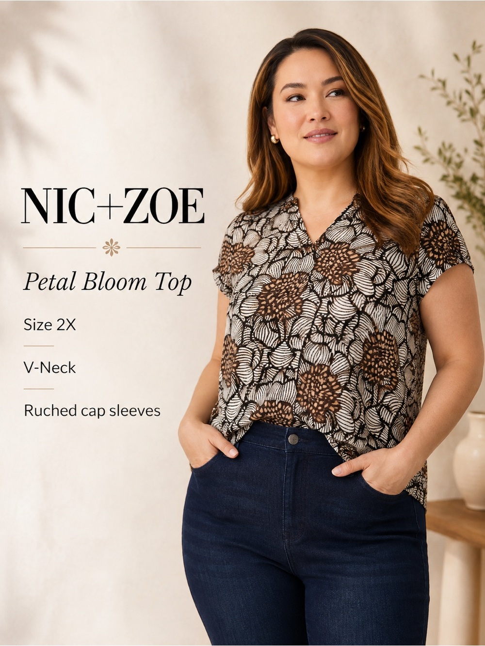 NIC+ZOE Brown Floral V-Neck Petal Bloom Top